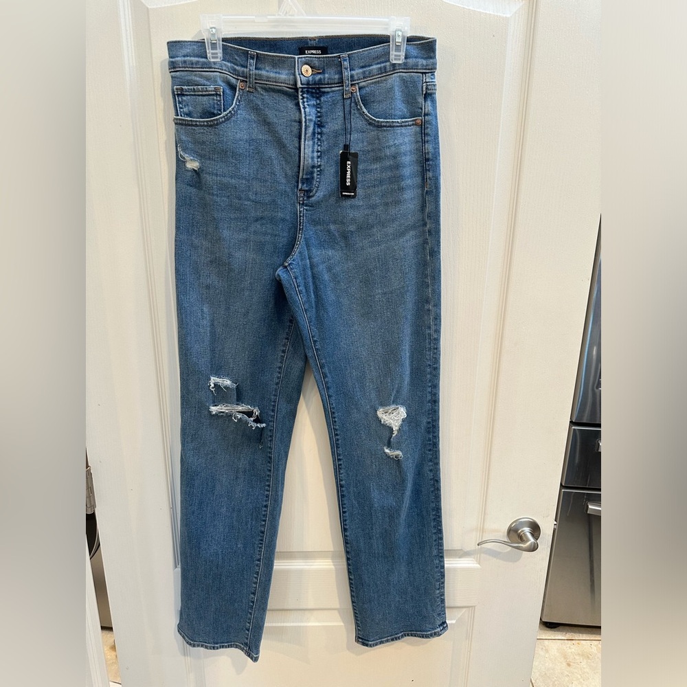 Express modern straight super high rise distressed jeans size 8L long denim New